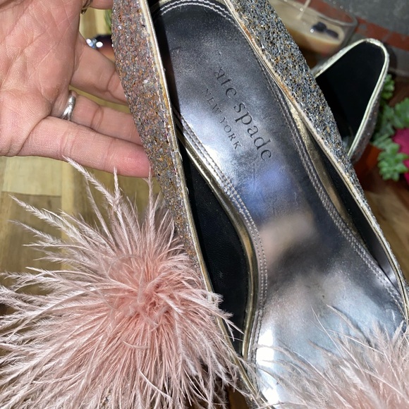 Gently used Kate Spade Marabou Pumps silver and gold glitter with pink feathers - Picture 14 of 17